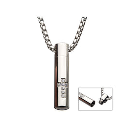 Stainless steel memorial cross pendant with box chain, cylindrical locket