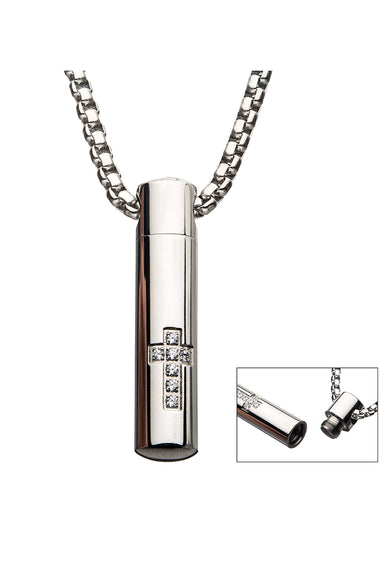 Stainless steel memorial cross pendant with box chain, cylindrical locket