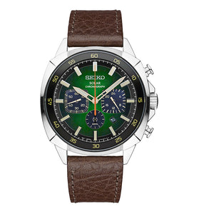 Men's analog chronograph watch with dark brown leather strap, silver case, green dial
