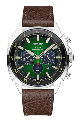 Men's analog chronograph watch with dark brown leather strap, silver case, green dial