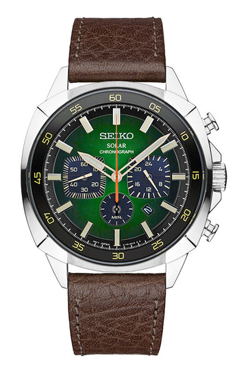 Men's analog chronograph watch with dark brown leather strap, silver case, green dial