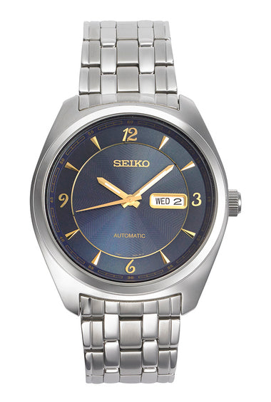 Men's Seiko automatic watch with blue dial, gold hands, and steel bracelet