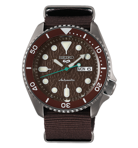 Men's Seiko SRPD85 automatic wristwatch, brown dial and fabric strap, day-date window