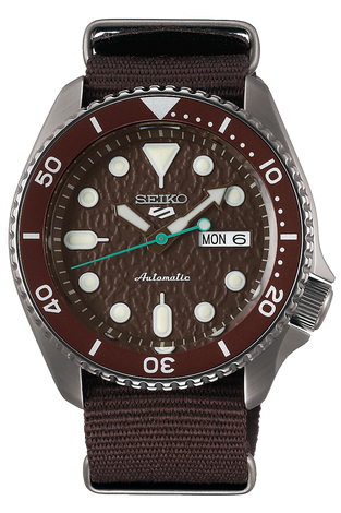 Men's Seiko SRPD85 automatic wristwatch, brown dial and fabric strap, day-date window