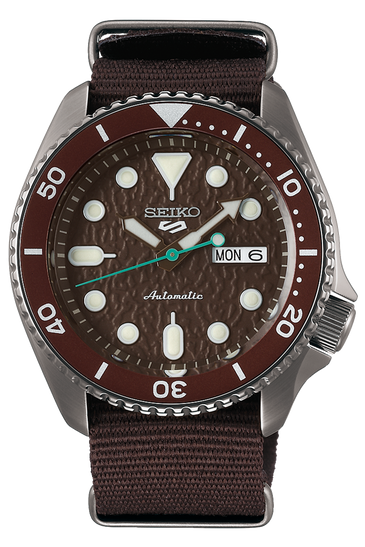 Men's Seiko SRPD85 automatic wristwatch, brown dial and fabric strap, day-date window
