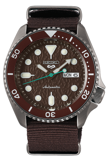 Men's Seiko SRPD85 automatic wristwatch, brown dial and fabric strap, day-date window
