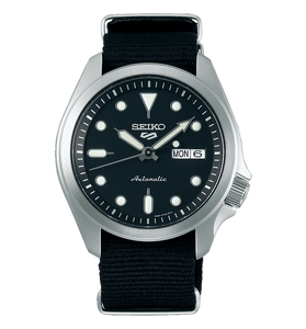 Seiko men's automatic watch with dark blue dial, silver case, dark fabric strap