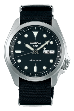 Seiko men's automatic watch with dark blue dial, silver case, dark fabric strap