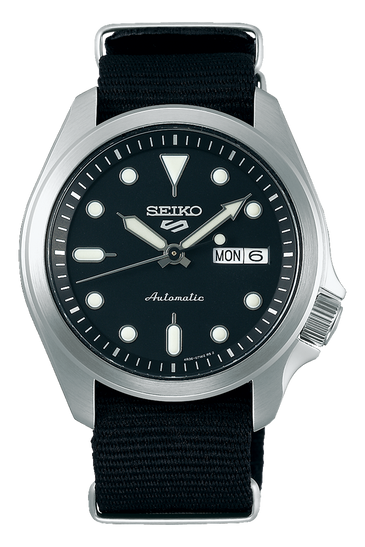 Seiko men's automatic watch with dark blue dial, silver case, dark fabric strap
