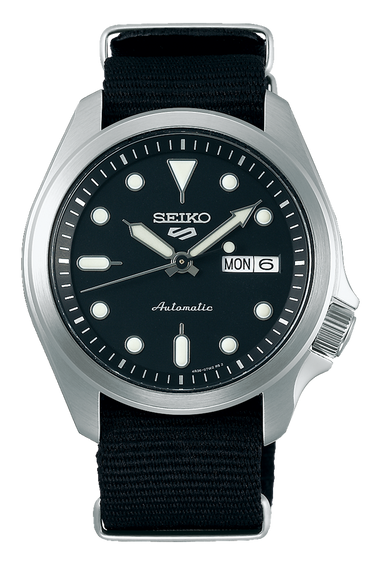 Seiko men's automatic watch with dark blue dial, silver case, dark fabric strap