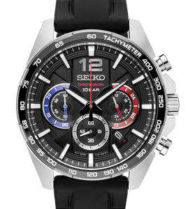 Men's Seiko chronograph watch with black dial, tachymeter bezel, rubber strap