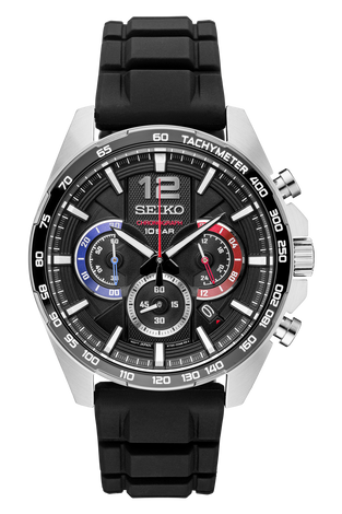 Men's Seiko chronograph watch with black dial, tachymeter bezel, rubber strap