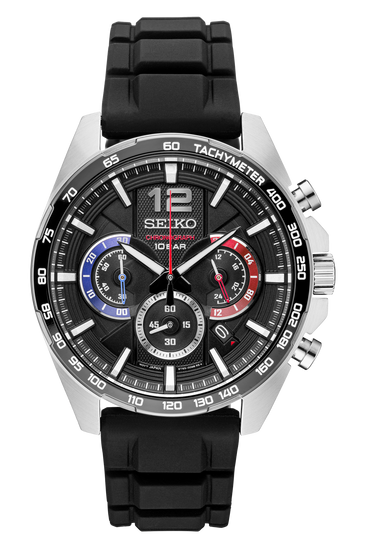 Men's Seiko chronograph watch with black dial, tachymeter bezel, rubber strap