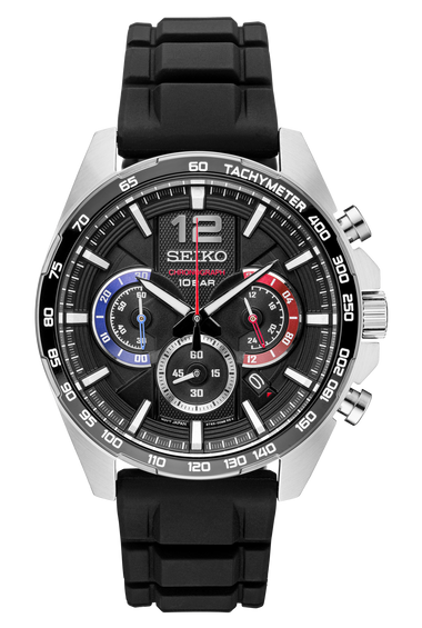 Men's Seiko chronograph watch with black dial, tachymeter bezel, rubber strap