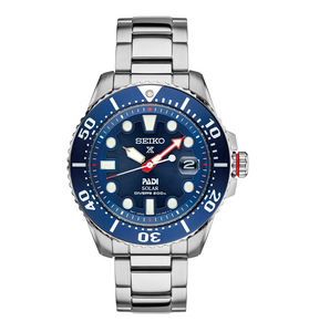 Men's Seiko diver watch with blue dial and silver stainless steel bracelet