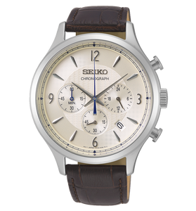Seiko Grandograph men's wrist watch with cream dial, silver case, brown leather strap