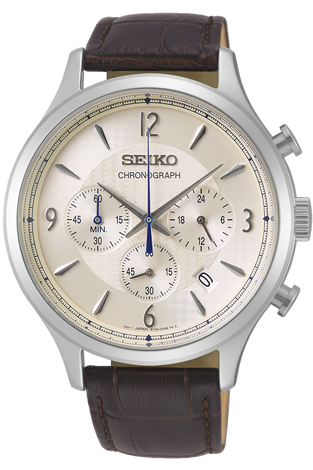 Seiko Grandograph men's wrist watch with cream dial, silver case, brown leather strap
