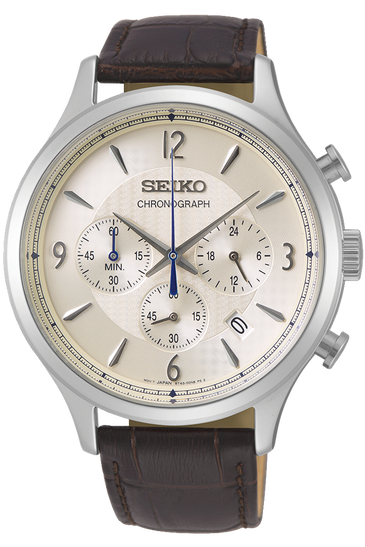 Seiko Grandograph men's wrist watch with cream dial, silver case, brown leather strap