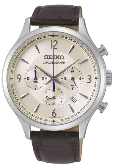 Seiko Grandograph men's wrist watch with cream dial, silver case, brown leather strap