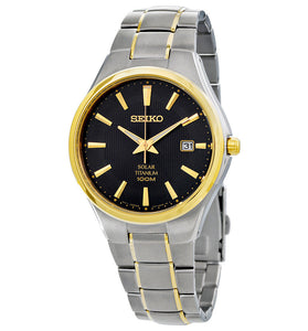 Men's Seiko solar watch with black dial, gold hands, date window, two-tone steel bracelet