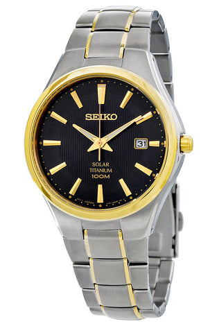 Men's Seiko solar watch with black dial, gold hands, date window, two-tone steel bracelet