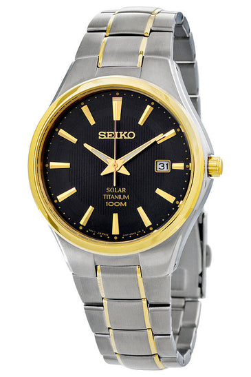 Men's Seiko solar watch with black dial, gold hands, date window, two-tone steel bracelet