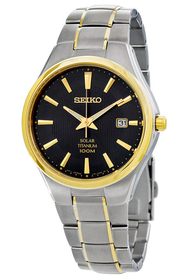 Men's Seiko solar watch with black dial, gold hands, date window, two-tone steel bracelet