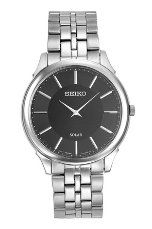 Men's Seiko solar wristwatch with stainless steel bracelet, black round dial
