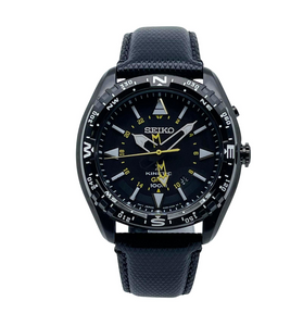 Seiko men’s wrist watch with black dial, black textured strap, gold accents