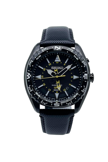 Seiko men’s wrist watch with black dial, black textured strap, gold accents