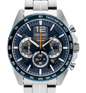 Seiko men's watch with blue chronograph dial, tachymeter bezel, and steel bracelet