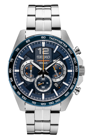 Seiko men's watch with blue chronograph dial, tachymeter bezel, and steel bracelet