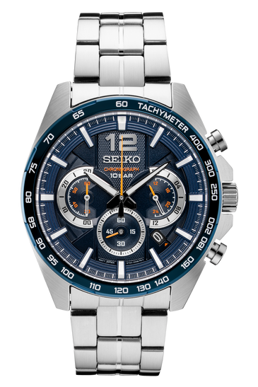 Seiko men's watch with blue chronograph dial, tachymeter bezel, and steel bracelet