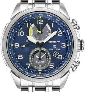 Men's Seiko watch with blue dial, silver bracelet, and chronograph subdials