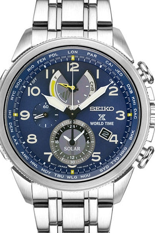 Men's Seiko watch with blue dial, silver bracelet, and chronograph subdials