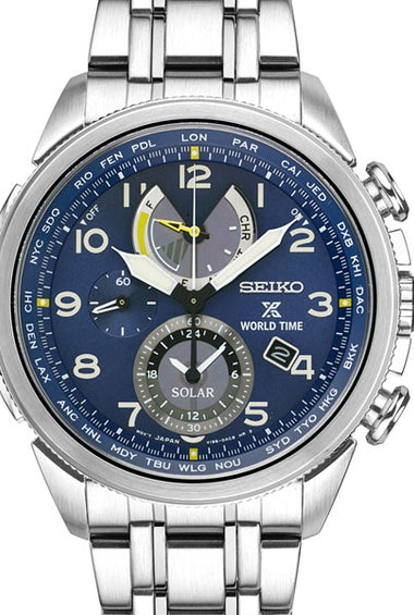 Men's Seiko watch with blue dial, silver bracelet, and chronograph subdials
