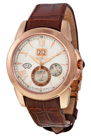 Men's Seiko wristwatch with rose-gold case, brown leather strap, white dial