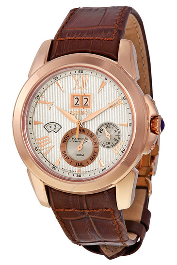 Men's Seiko wristwatch with rose-gold case, brown leather strap, white dial