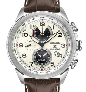 Men's round silver watch with brown leather strap, black dial, white numerals and subdials