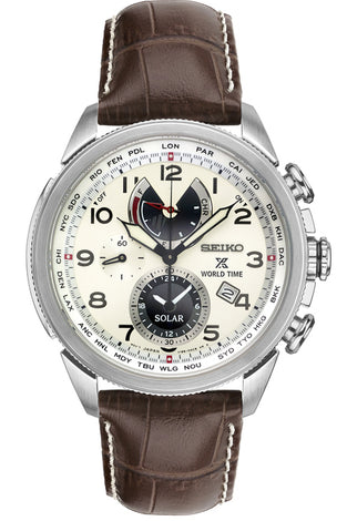 Men's round silver watch with brown leather strap, black dial, white numerals and subdials