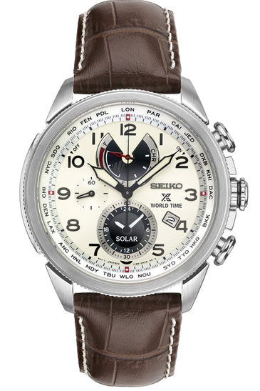 Men's round silver watch with brown leather strap, black dial, white numerals and subdials