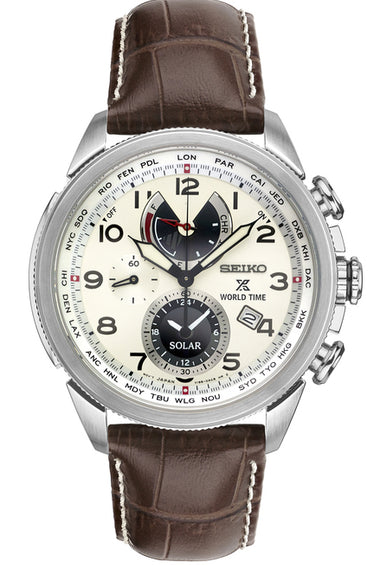 Men's round silver watch with brown leather strap, black dial, white numerals and subdials