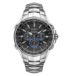 Seiko SSG009 men's watch; stainless steel bracelet, dark dial, chronograph subdials.