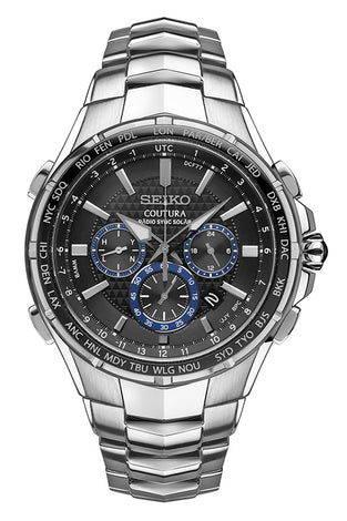 Seiko SSG009 men's watch; stainless steel bracelet, dark dial, chronograph subdials.