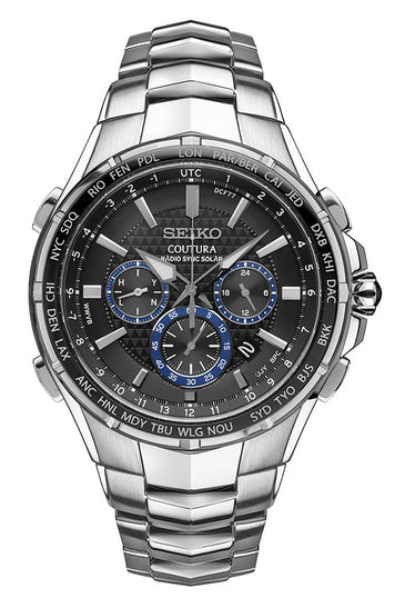 Seiko SSG009 men's watch; stainless steel bracelet, dark dial, chronograph subdials.