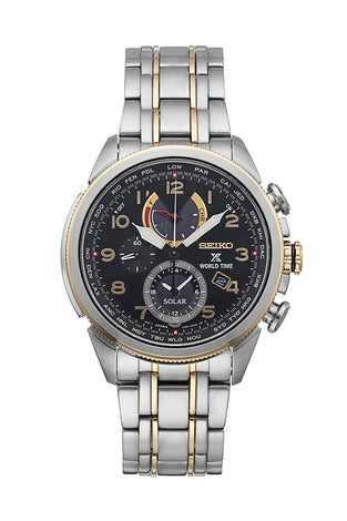 Seiko men's wristwatch with dark dial, gold accents, metal bracelet