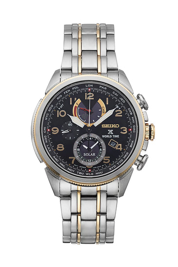 Seiko men's wristwatch with dark dial, gold accents, metal bracelet
