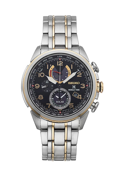 Seiko men's wristwatch with dark dial, gold accents, metal bracelet