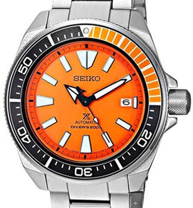 Men's Seiko sports watch with orange dial, black bezel, silver metal bracelet