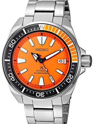 Men's Seiko sports watch with orange dial, black bezel, silver metal bracelet